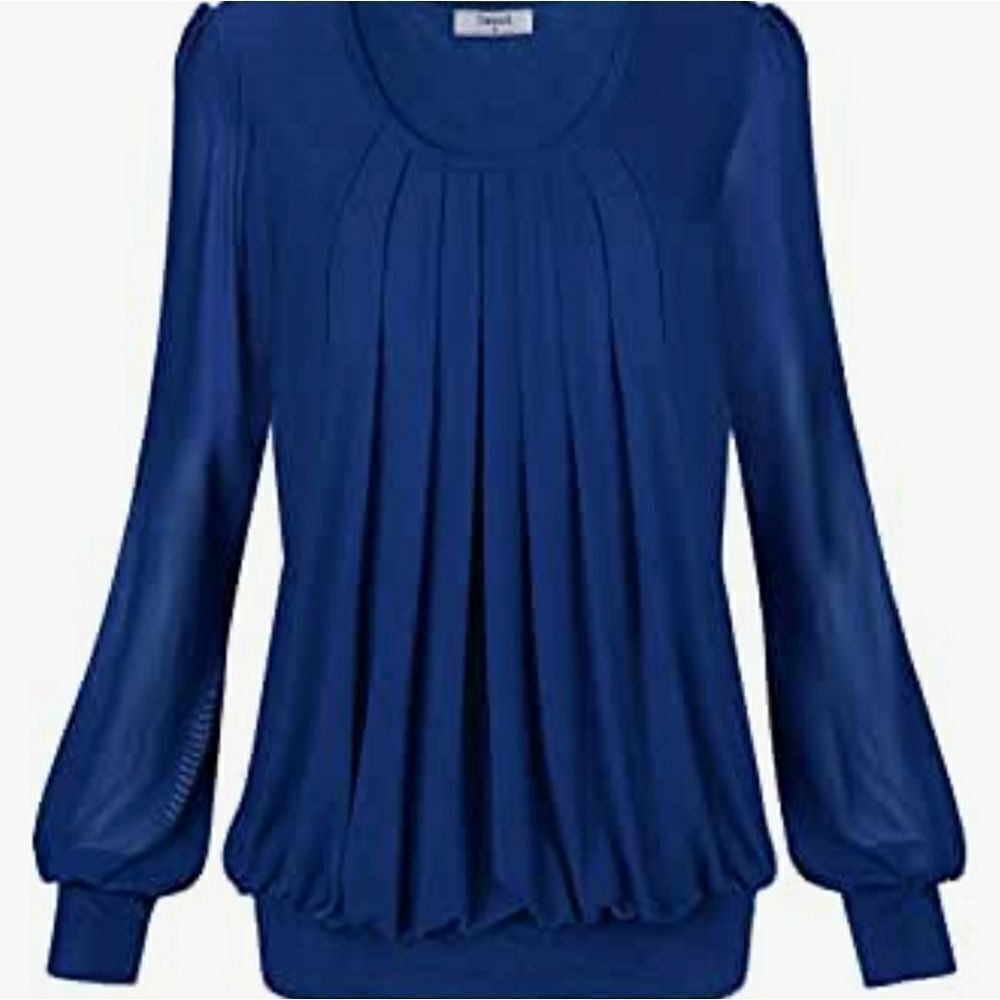 Timeson Women's Long Sleeve Scoop Neck Pleated Front Fitted Blouse Tops